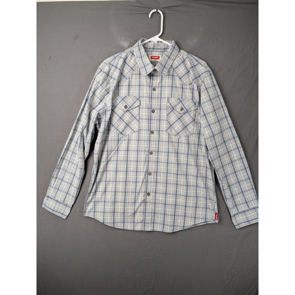 Wrangler Mens Blue Plaid Long Sleeve Western Pearl Snap Shirt L